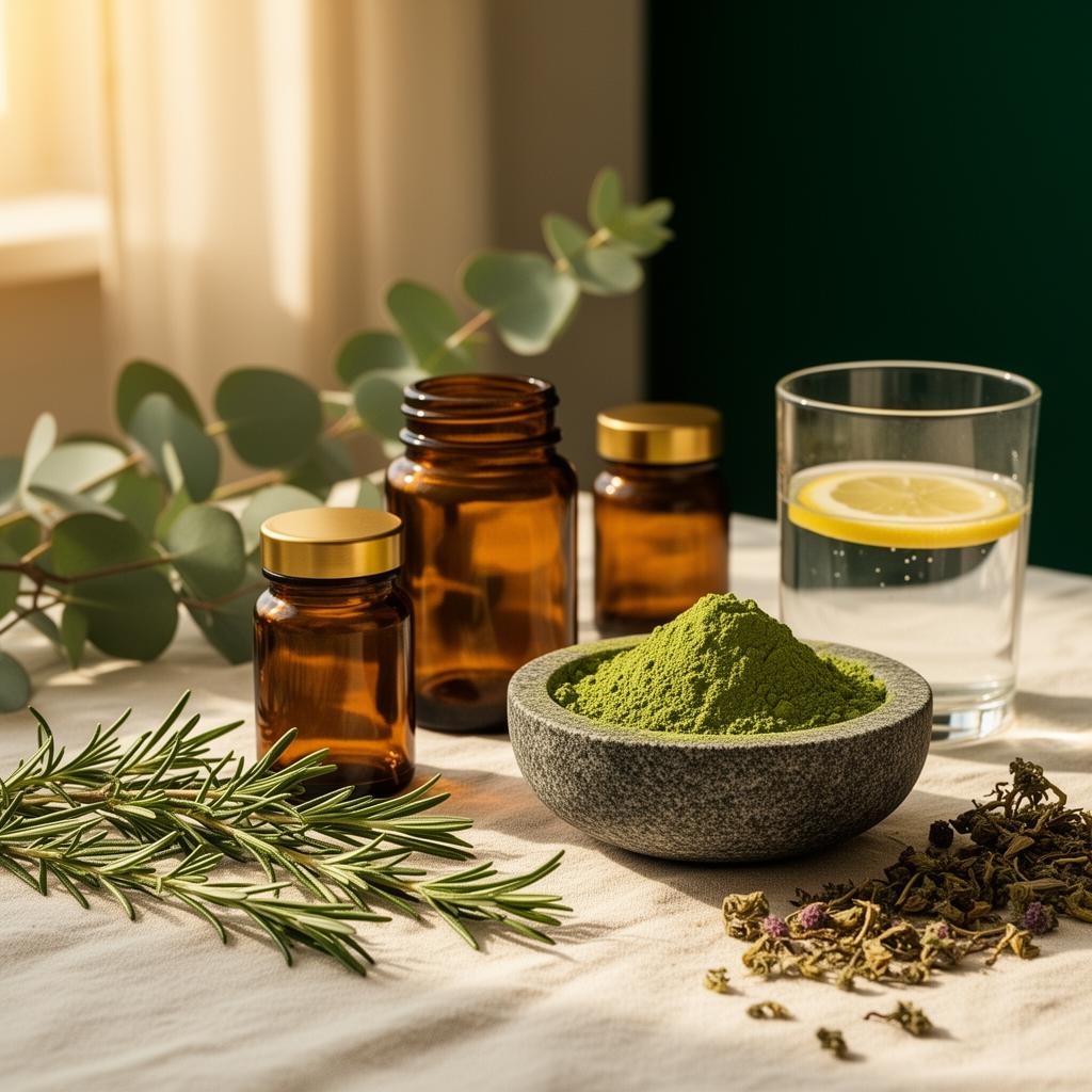 Wellness still life with botanicals and supplements